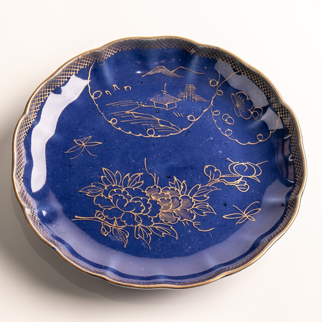 古伊万里 瑠璃釉金彩山水牡丹文七寸皿 明治時代 D717 | iichi 日々の
