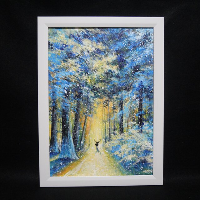 油絵【雪景色の中で雪に立つ鹿】 | iichi 日々の暮らしを心地よくする