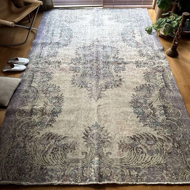 超大判169×274レアくすみラベンダー×クリーム トルコヴィンテージラグ