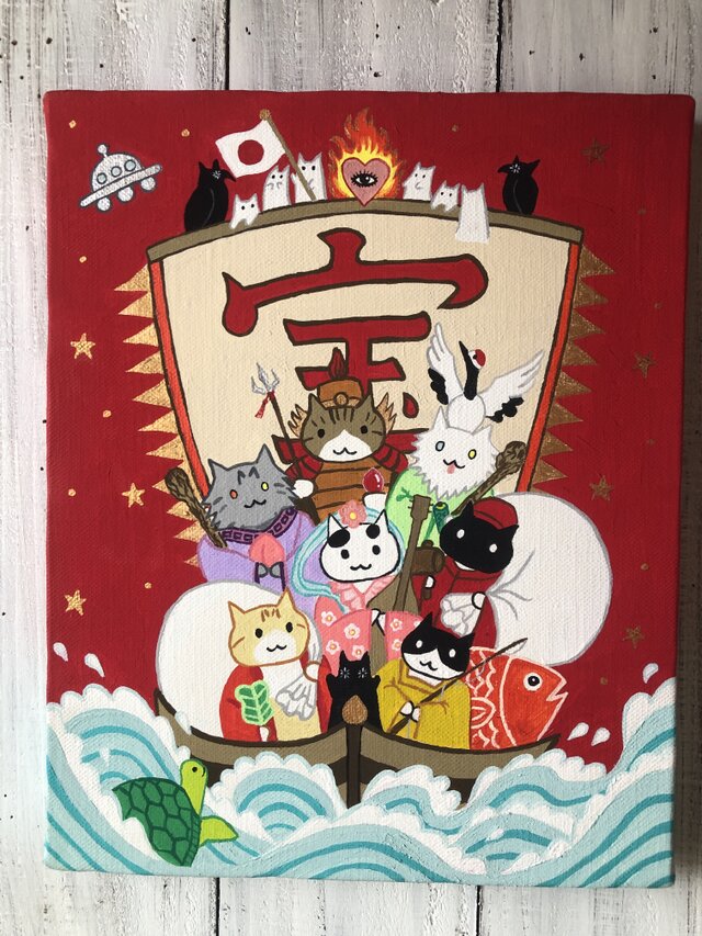 宝船の猫七福神」F3サイズ アート作品 原画 徳島洋子作品 アクリル画
