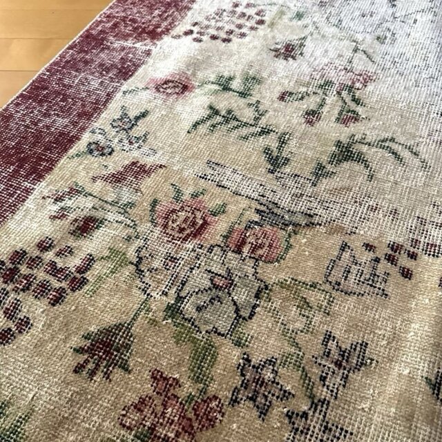 111×207 擦れシャビー 幸せな青い鳥 トルコヴィンテージラグ | iichi