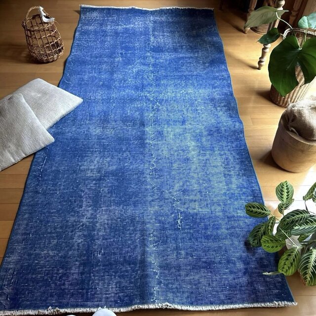 99×212青空色オーバーダイ ワンカラーラグ トルコヴィンテージラグ