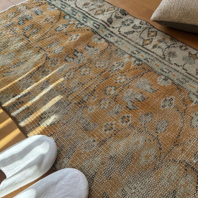 貴重116×190幸せの青い鳥 ボタニカル シャビー トルコヴィンテージラグ