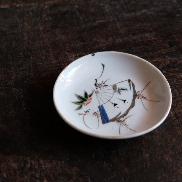 扇子と松竹梅◇瀬戸焼 色絵金彩小皿 骨董・antiques 丁寧な暮らしに