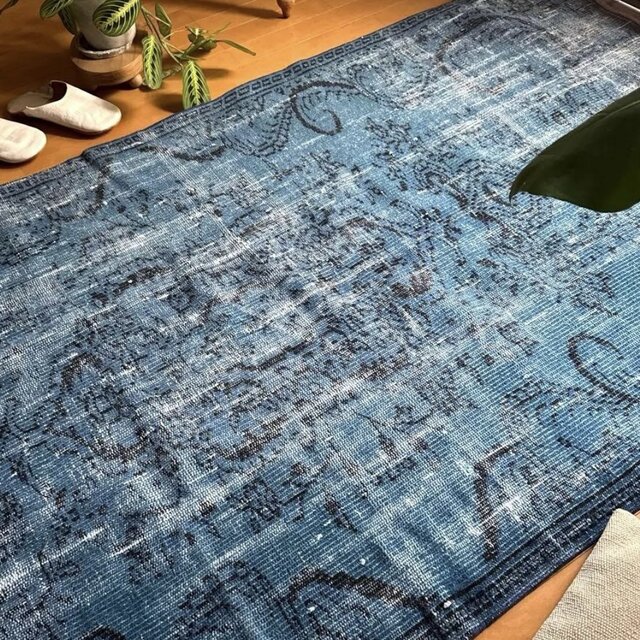 大判114.5×240レアブルーオーバーダイ メダリオン トルコヴィンテージ