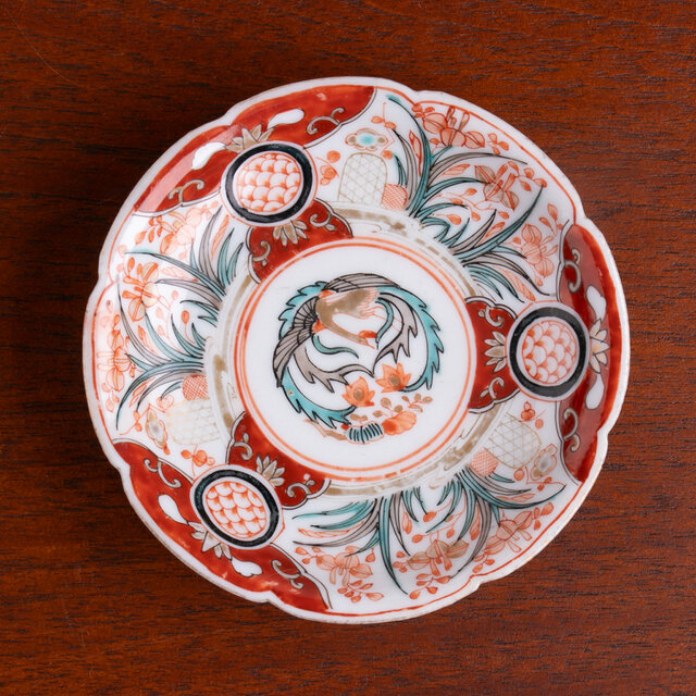 古伊万里 色絵花鳥図輪花形膾皿 松竹梅 裏巻物文様 江戸期 金蘭手 最後