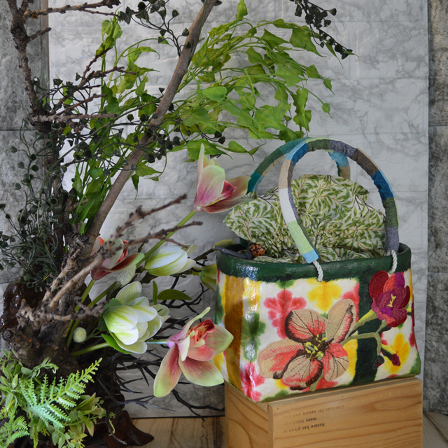 一閑張 ”花🟡🟢Kokago” 籠バッグ 一点物 花畑のイメージでカラフルに