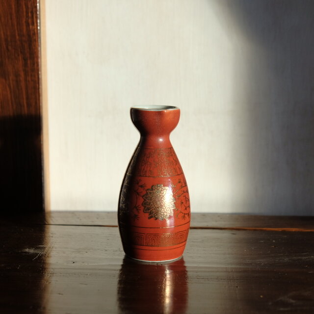 赤で素敵◇九谷焼 花唐草文赤絵金彩徳利 酒器 昭和レトロ 祝い 工芸品