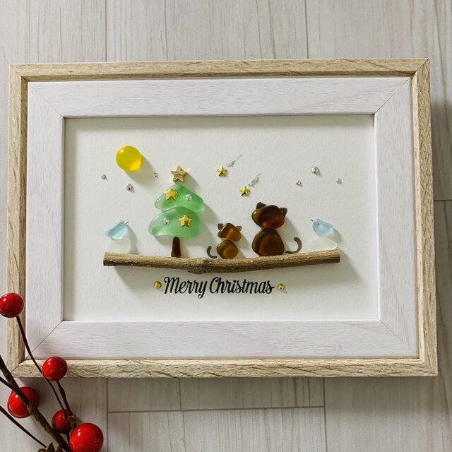 シーグラスアート インテリア雑貨 クリスマスツリー 星に願いを 猫ペア