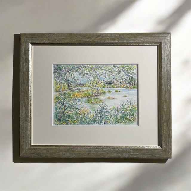 静かな湖畔(宮城県、透明水彩、原画、額付き） | iichi 日々の暮らしを