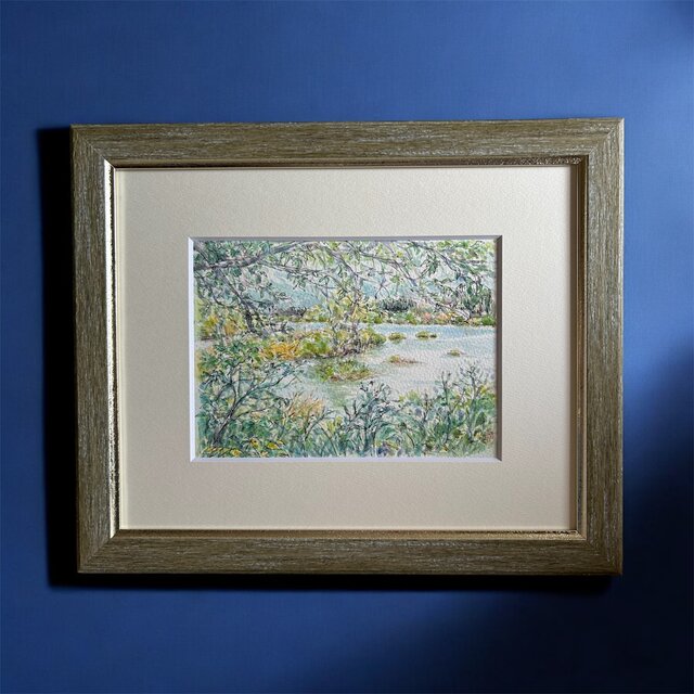 静かな湖畔(宮城県、透明水彩、原画、額付き） | iichi 日々の暮らしを