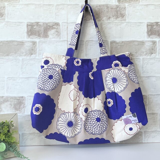 Lサイズ】ダリア柄 綿麻グラニーバッグ ブルー ＜A4サイズ入ります