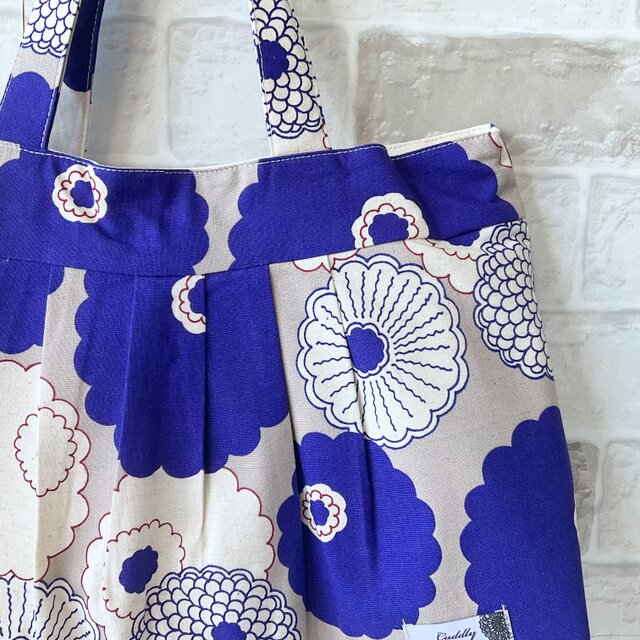 Lサイズ】ダリア柄 綿麻グラニーバッグ ブルー ＜A4サイズ入ります