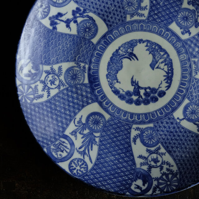 古美術なデザイン◇伊万里 印判大皿 骨董・antiques 松竹梅 馬 鶴 明治