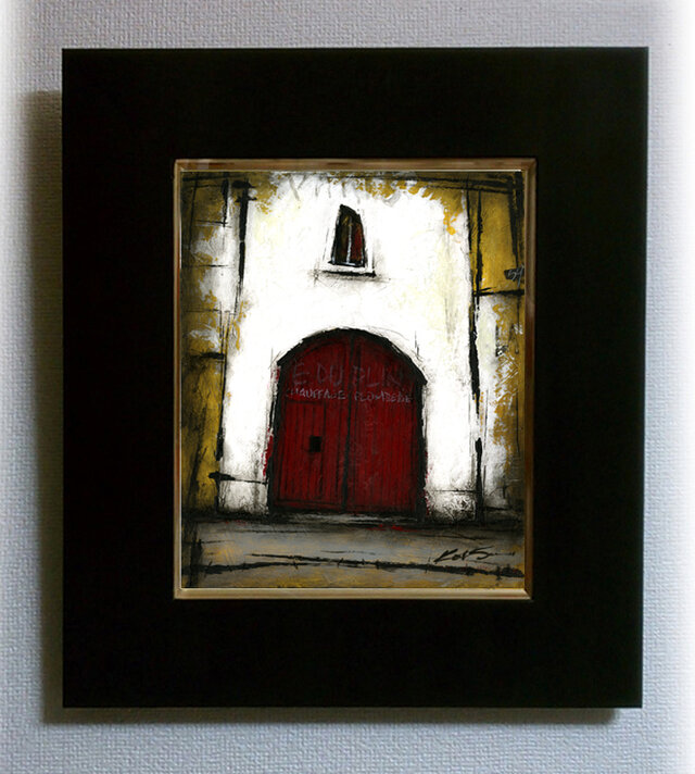 風景画 パリ 油絵 「通りの赤い扉の倉庫」 | iichi 日々の暮らしを