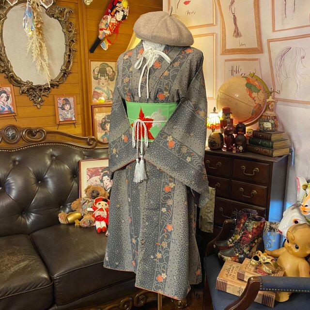 着物 ワンピース リメイク 化繊 洗える 帯 和洋折衷 KW-660 繊細な絞り