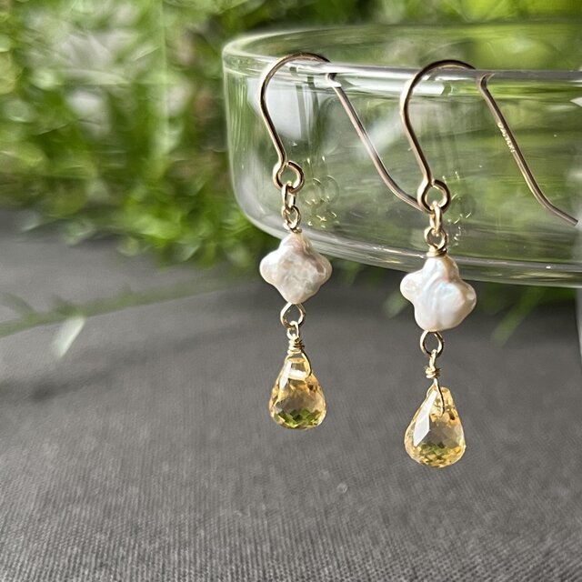 シトリン・ 淡水パール✶ドロップピアス 14Kgf | iichi 日々の暮らしを
