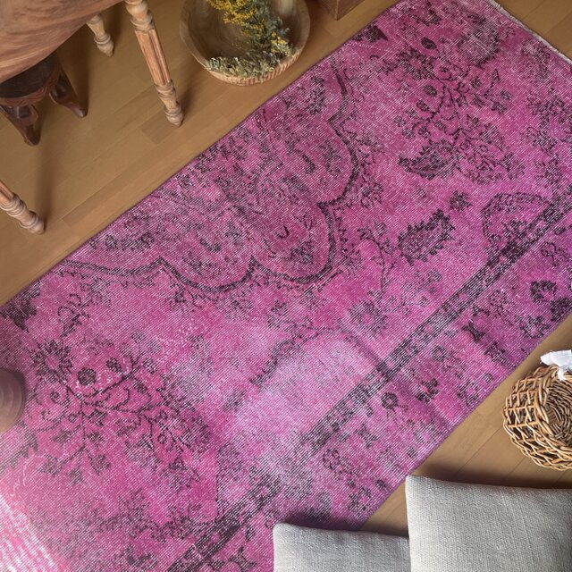 90×183 ピンクオーバーダイ ボタニカル トルコヴィンテージラグ