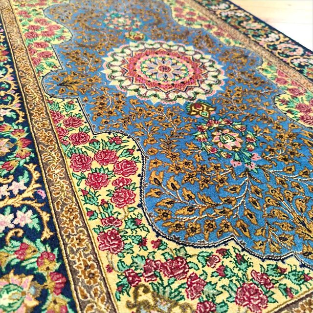 ペルシャ絨毯クム産シルク サラヤン工房 玄関マット 92x60㎝ ブルー