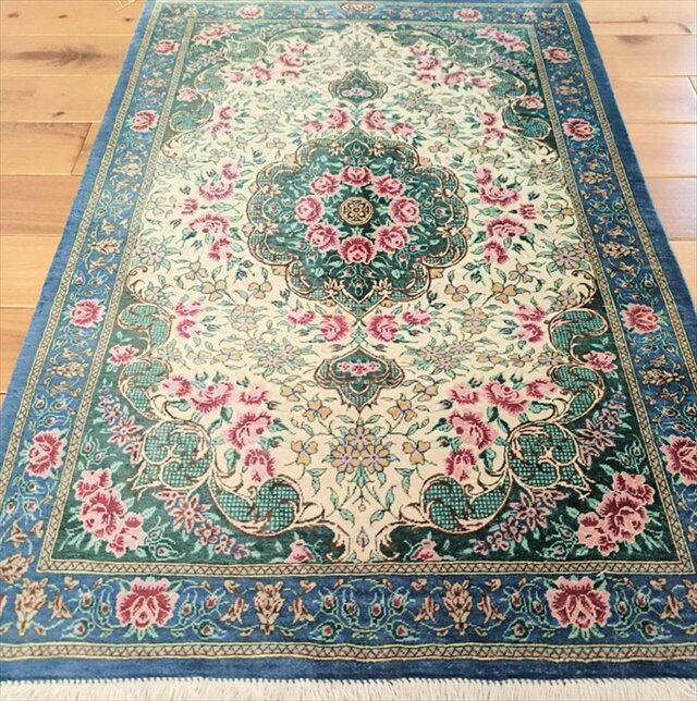 ペルシャ絨毯クム産シルク アハマディ工房 玄関マット 84x58㎝ ブルー