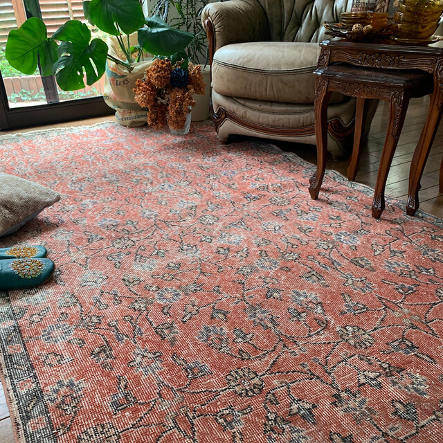 大判 テラコッタレッド オレンジ240×130フラワー トルコヴィンテージ