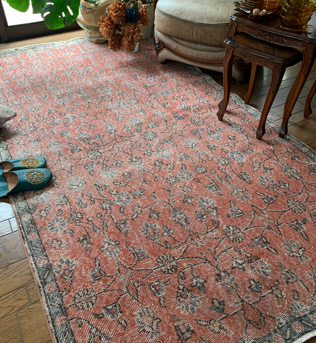 大判 テラコッタレッド オレンジ240×130フラワー トルコヴィンテージ