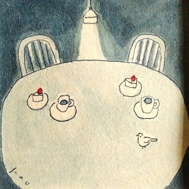 cafe time」原画 ※木製額縁入り（18㎝角）一点物 水彩 イラスト 北欧