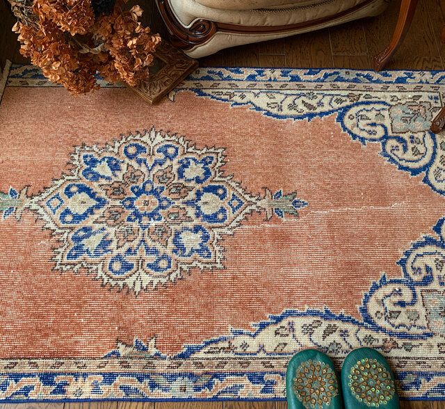 トルコ ヴィンテージラグ メダリオン オレンジピンク トルコ