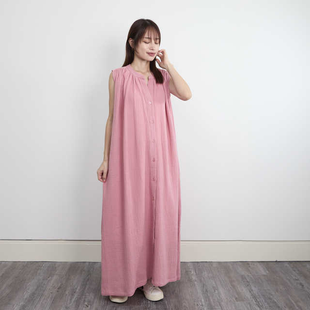 サラッと着れる コットン ダブルガーゼ ノースリーブシャツワンピース
