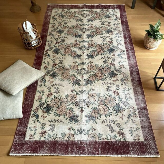 104×200 キナリ×ボルドー薔薇の街トルコヴィンテージラグ