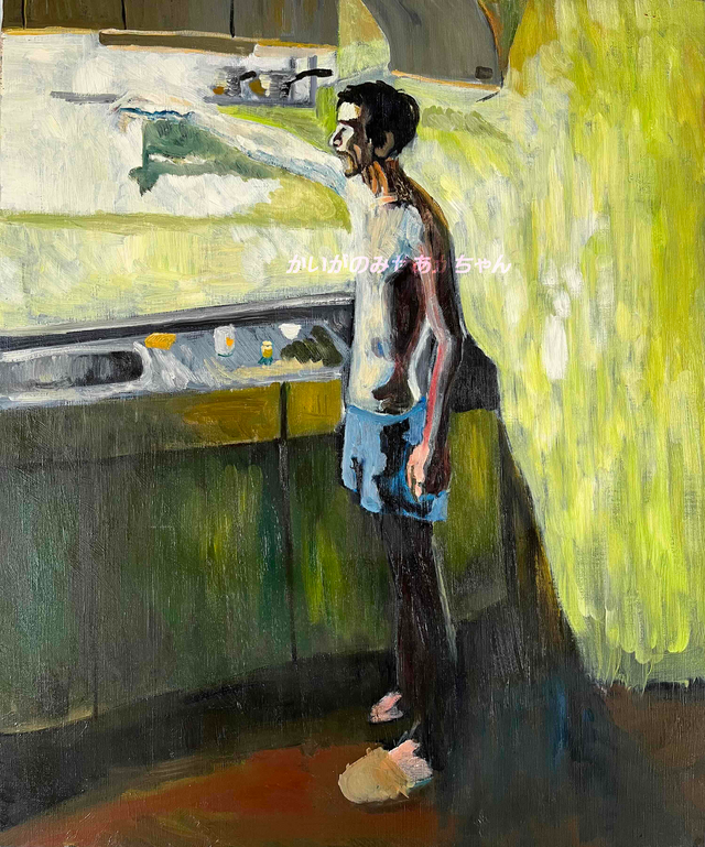 61×73㎝「台所に立つ男」F20・原画・油彩画 | iichi 日々の暮らしを