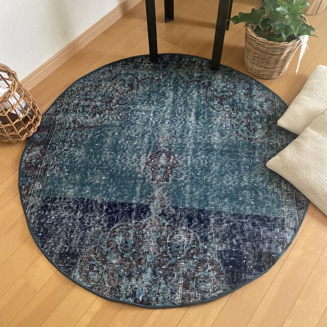 102×103 レア ラウンドラグ ブルーオーバーダイ トルコヴィンテージ