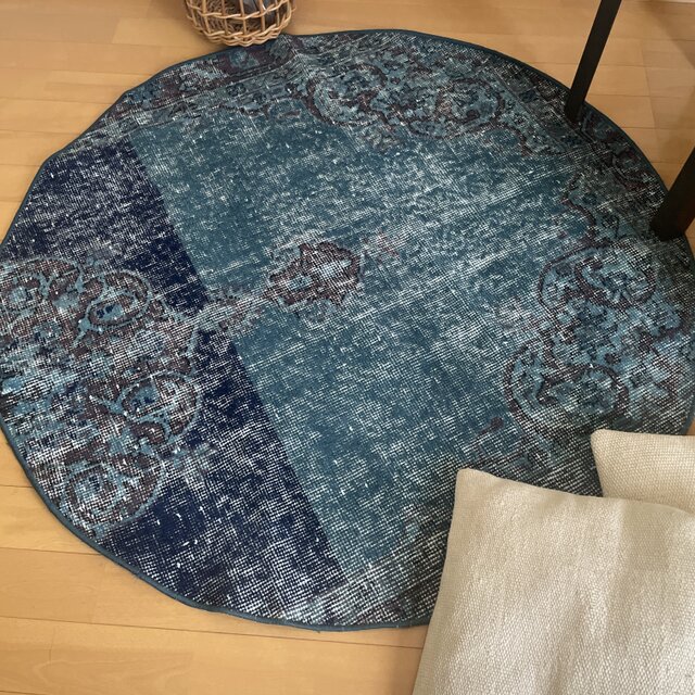 102×103 レア ラウンドラグ ブルーオーバーダイ トルコヴィンテージ