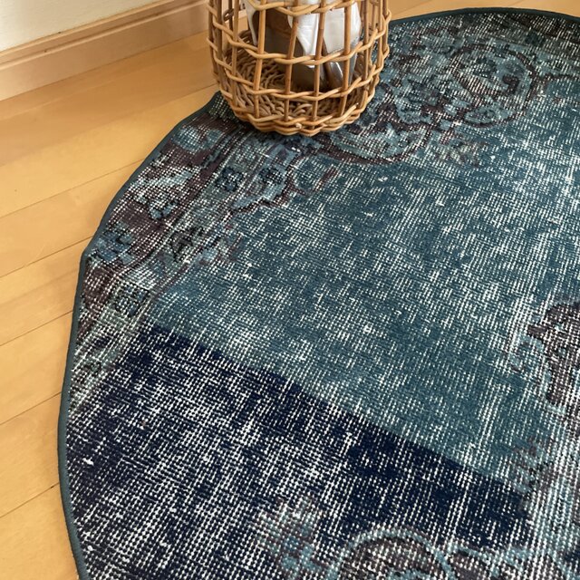 102×103 レア ラウンドラグ ブルーオーバーダイ トルコヴィンテージ