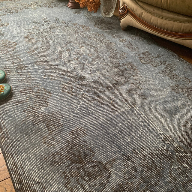 トルコヴィンテージラグ 207×104 グレー ブラック チョコ オーバーダイ