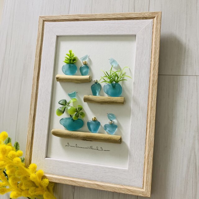 シーグラスアート 海の宝石 幸せの青い鳥 インテリア雑貨 書斎 観葉