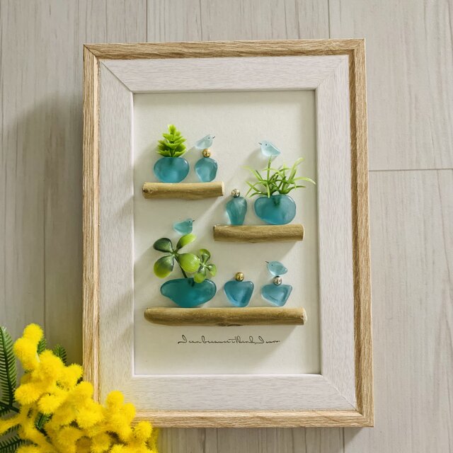 シーグラスアート 海の宝石 幸せの青い鳥 インテリア雑貨 書斎 観葉