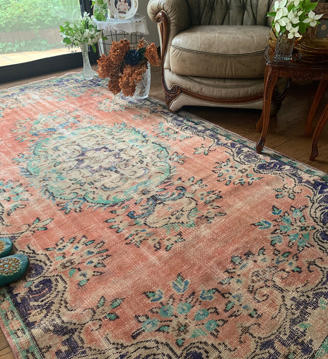 超大判 コーラルピンク 244×132 インディゴブルー トルコヴィンテージ