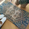 トルコヴィンテージラグ 44.5×92 くすみ艶ブルー ブラウン メダリオン