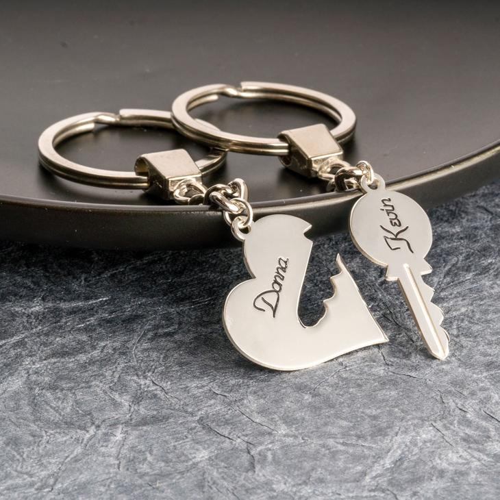 Sterling Silver Key and Heart Couple Keychain Set - Order Now!