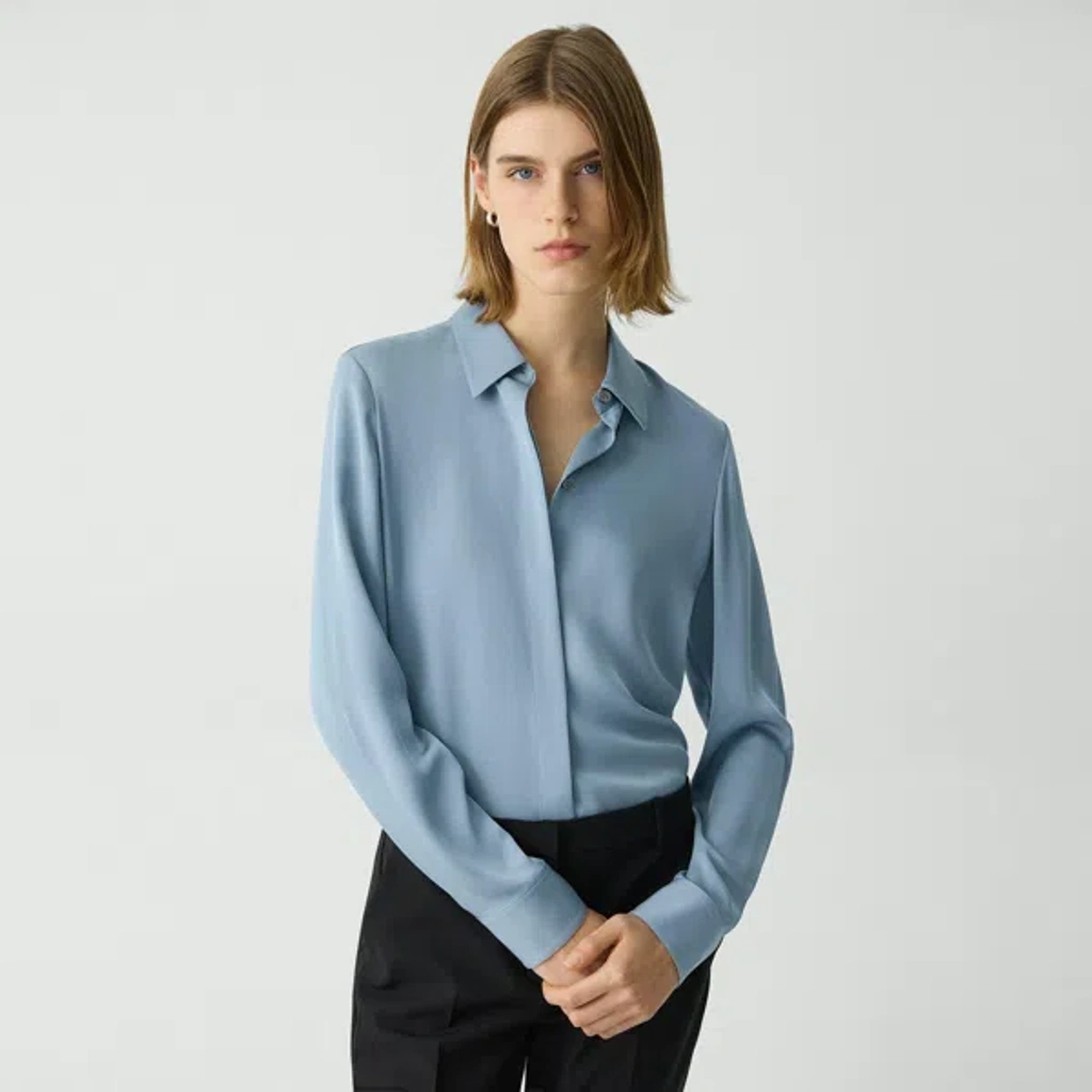 Theory Fitted Shirt In Silk Georgette In Stone Blue | ModeSens