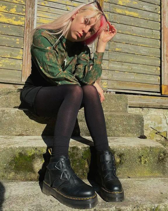 Devon Heart Leather Platform Boots in Black Milled Nappa | Dr. Martens