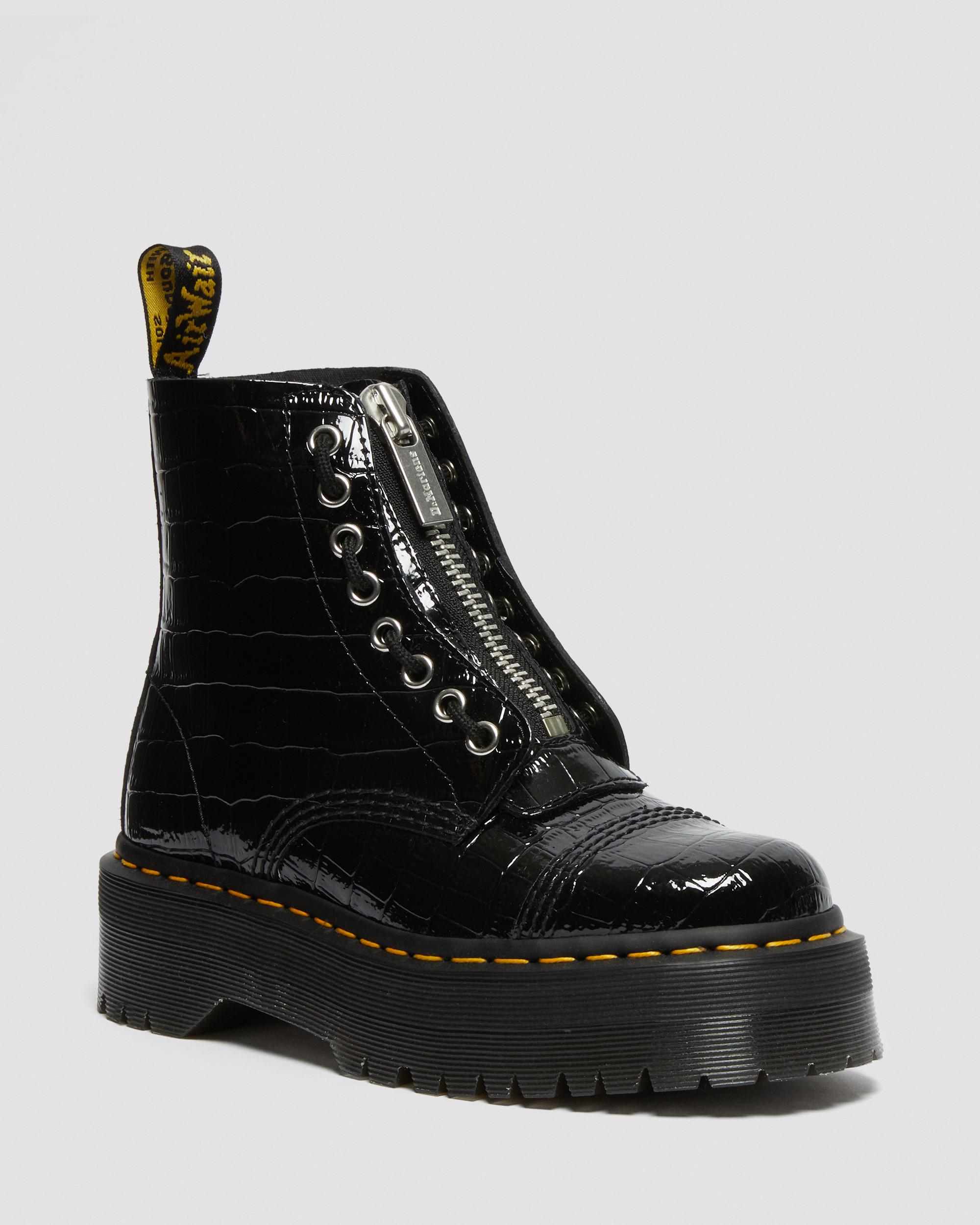 Sinclair Patent Crocodile Platform Boots in Black | Dr. Martens