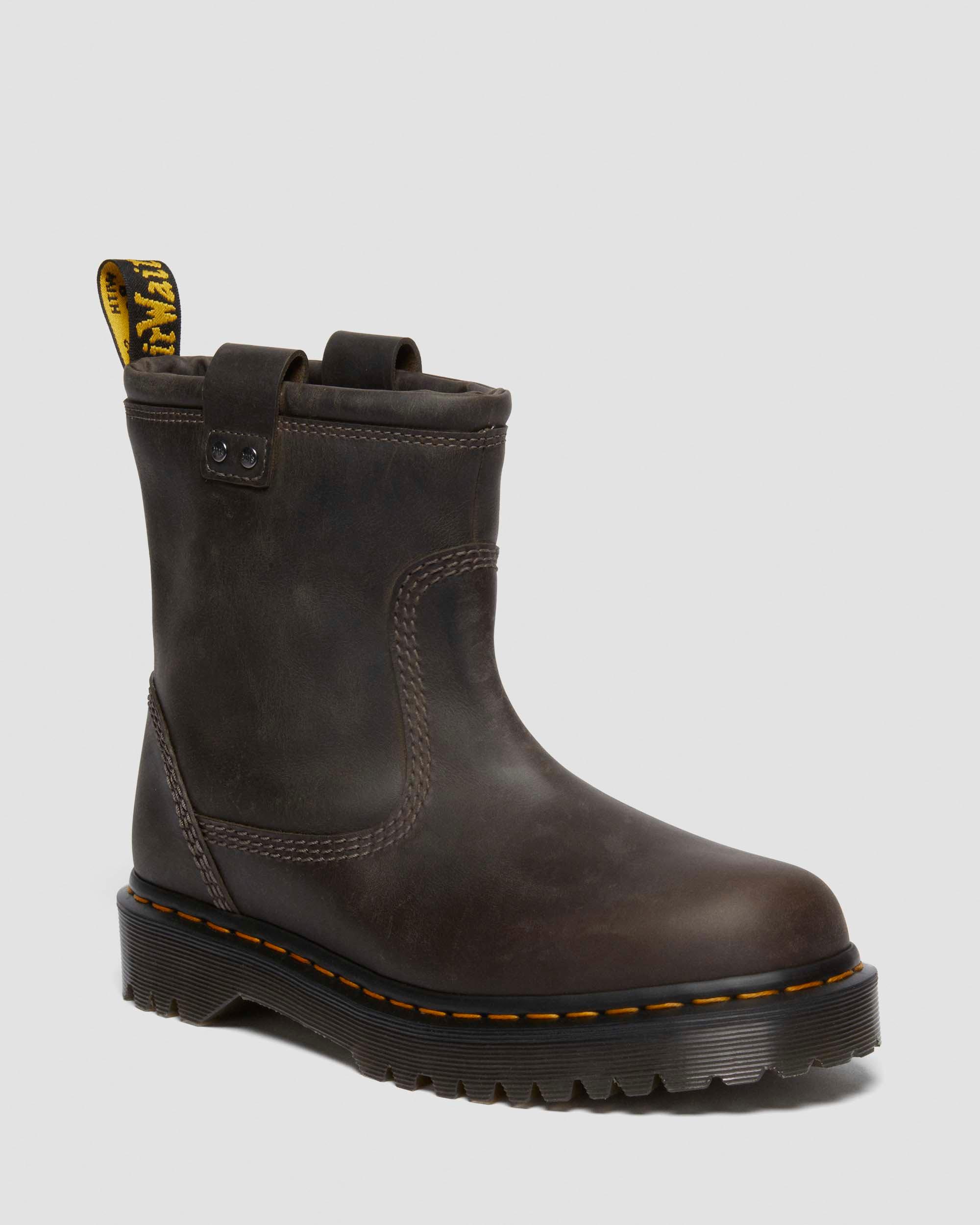 Anistone Lo Leather Biker Boots in Charcoal Grey | Dr. Martens
