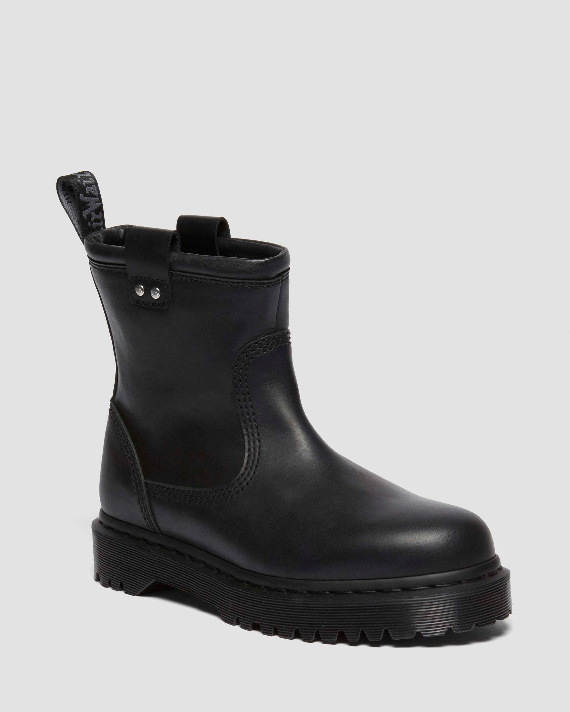 Anistone Lo Leather Biker Boots in Black Milled Nappa | Dr. Martens