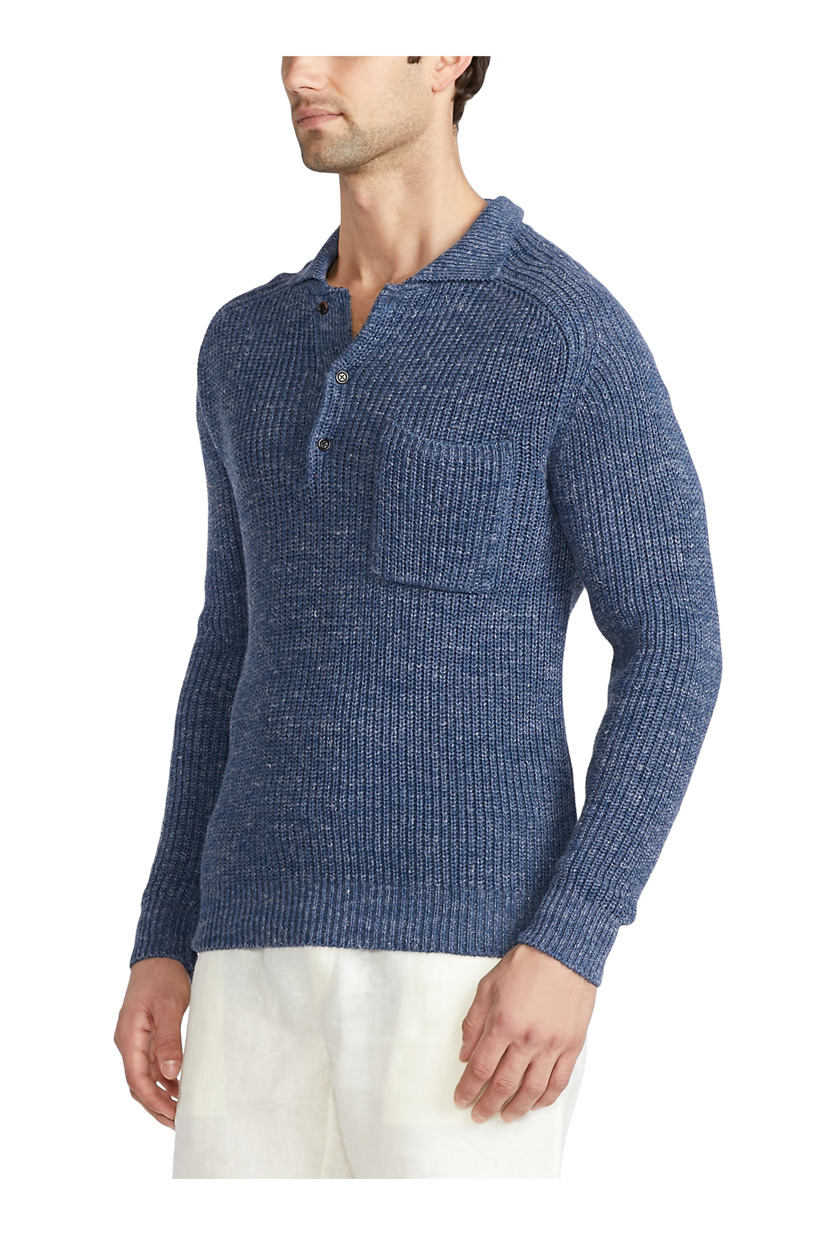 Ralph Lauren Purple Label - Fairfax Blue Ribbed Silk & Linen Polo