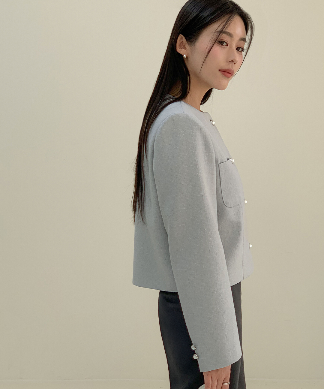 オケージョン】[original/S-L]ノーカラーツイードジャケット