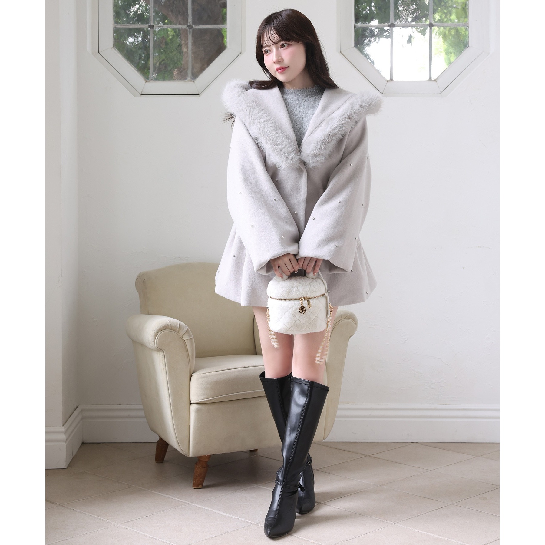 フードフェイクファービジューミドルコート | ファッション通販サイト NUGU