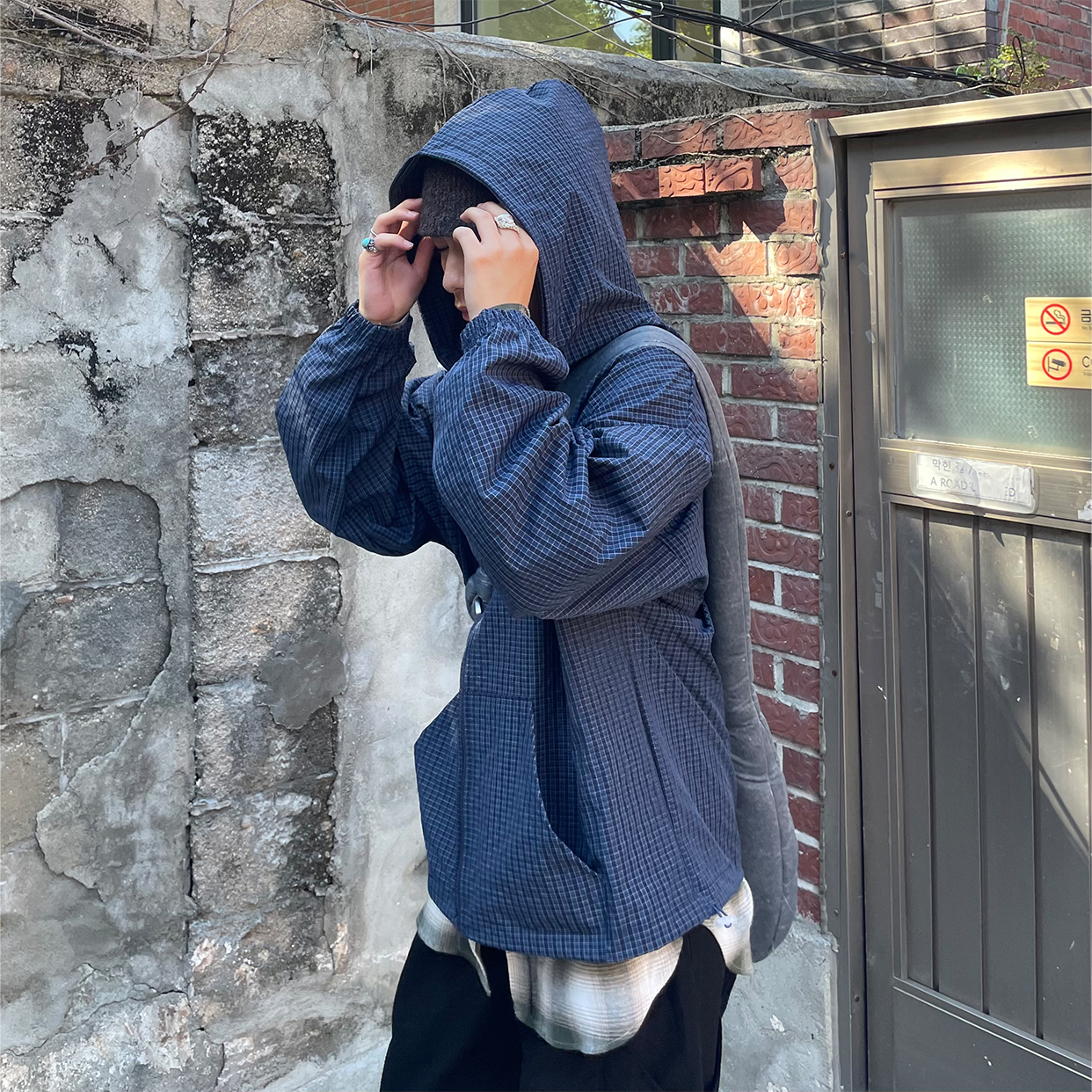 unisex) チェックナイロンフードジャケット | ファッション通販サイト NUGU