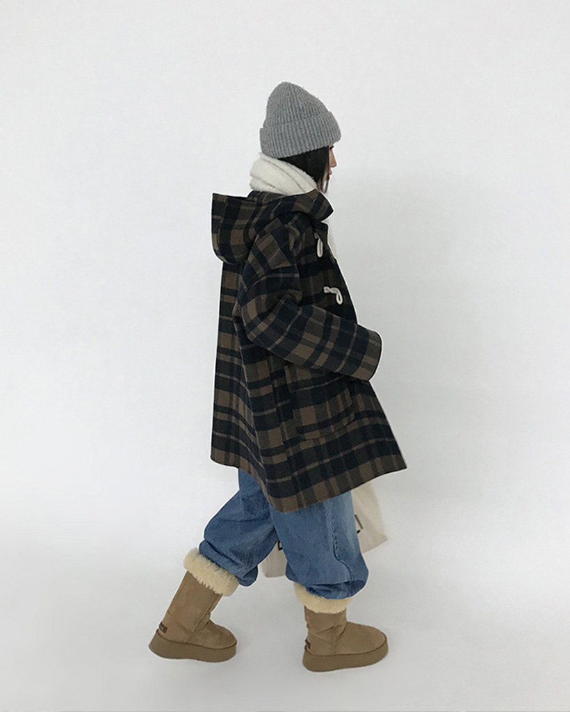 ティッシ期】 ITL52 メガチェック 立ちフード 黒 ダッフル 100cm